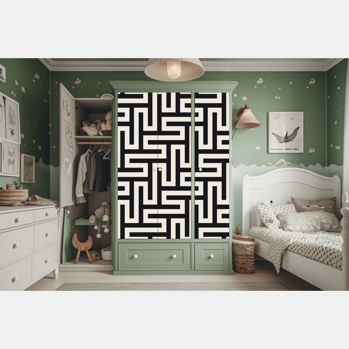 Schrankaufkleber geometrisches labyrinthmuster in beige und schwarz – Wallnifity® Schrankaufkleber geometrisches labyrinthmuster in beige und schwarz – Wallnifity®