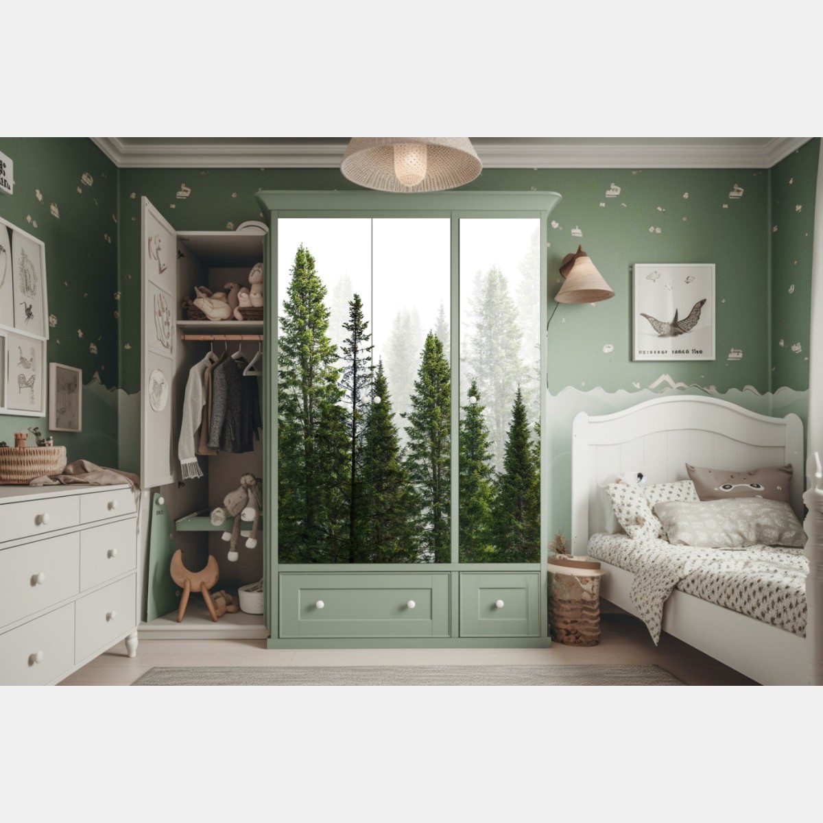 Schrankaufkleber nebliger tannenwald – Wallnifity®