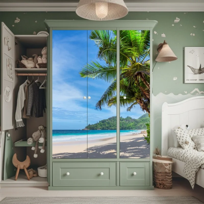 Schrankaufkleber tropischer strand mit palmen und segelboot – Wallnifity® Schrankaufkleber tropischer strand mit palmen und segelboot – Wallnifity®