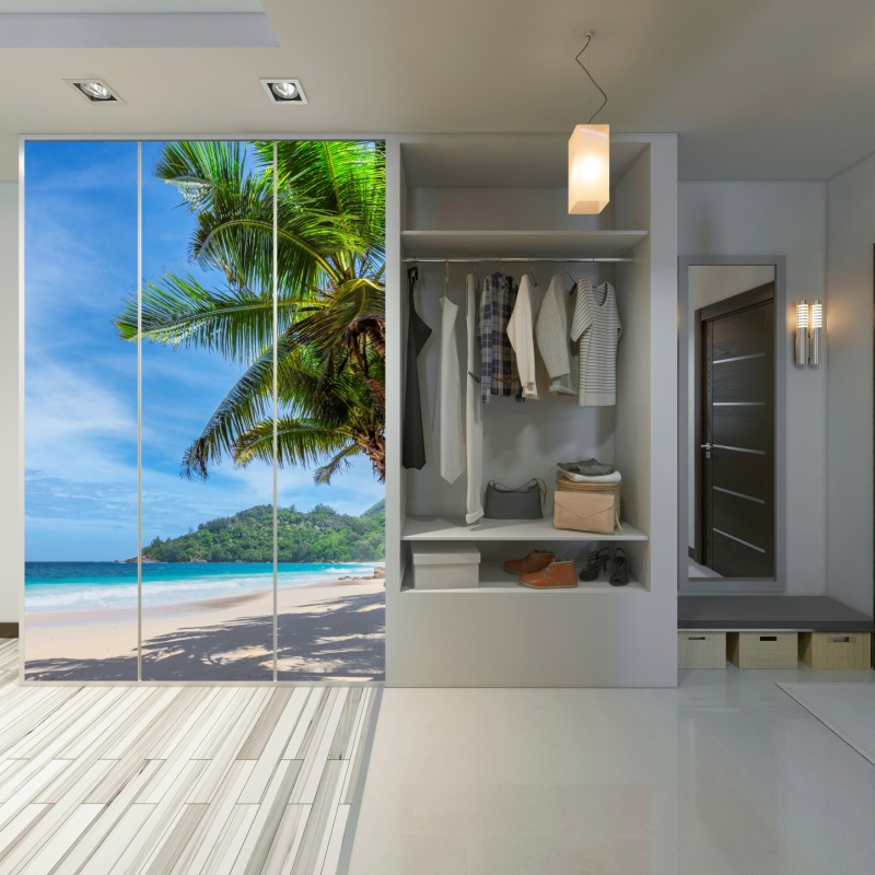 Schrankaufkleber tropischer strand mit palmen und segelboot – Wallnifity® Schrankaufkleber tropischer strand mit palmen und segelboot – Wallnifity®