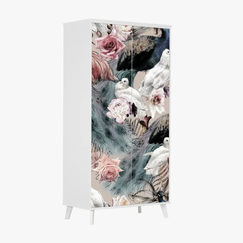 Schrankaufkleber aquarellmuster mit vögeln und rosen – Wallnifity® Schrankaufkleber aquarellmuster mit vögeln und rosen – Wallnifity®