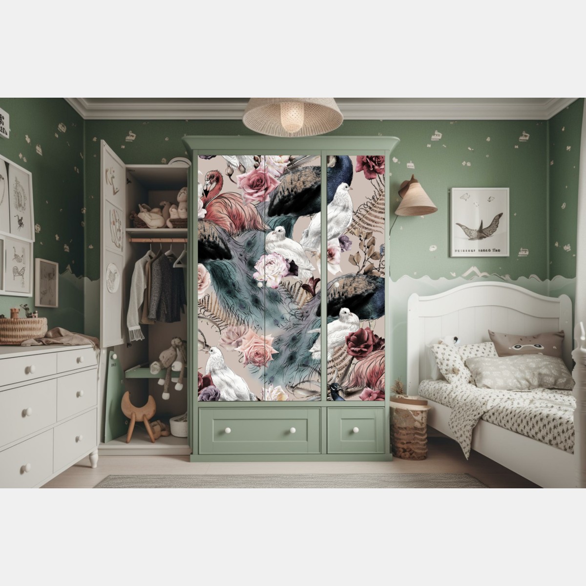 Schrankaufkleber aquarellmuster mit vögeln und rosen – Wallnifity® Schrankaufkleber aquarellmuster mit vögeln und rosen – Wallnifity®