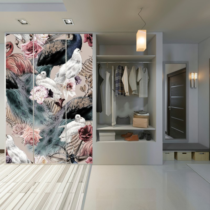 Schrankaufkleber aquarellmuster mit vögeln und rosen – Wallnifity® Schrankaufkleber aquarellmuster mit vögeln und rosen – Wallnifity®