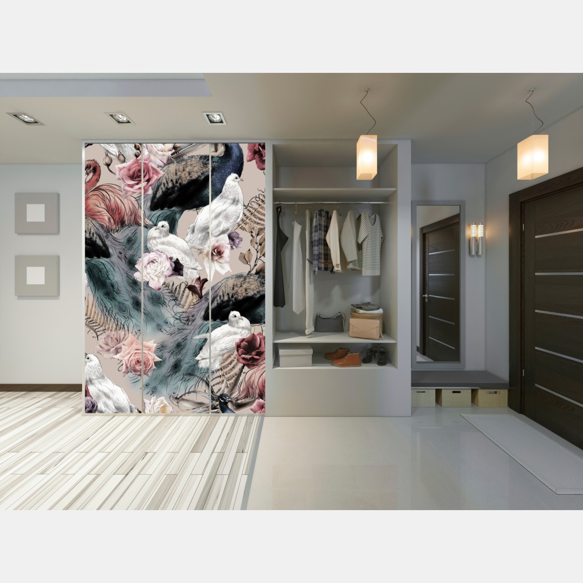 Schrankaufkleber aquarellmuster mit vögeln und rosen – Wallnifity® Schrankaufkleber aquarellmuster mit vögeln und rosen – Wallnifity®