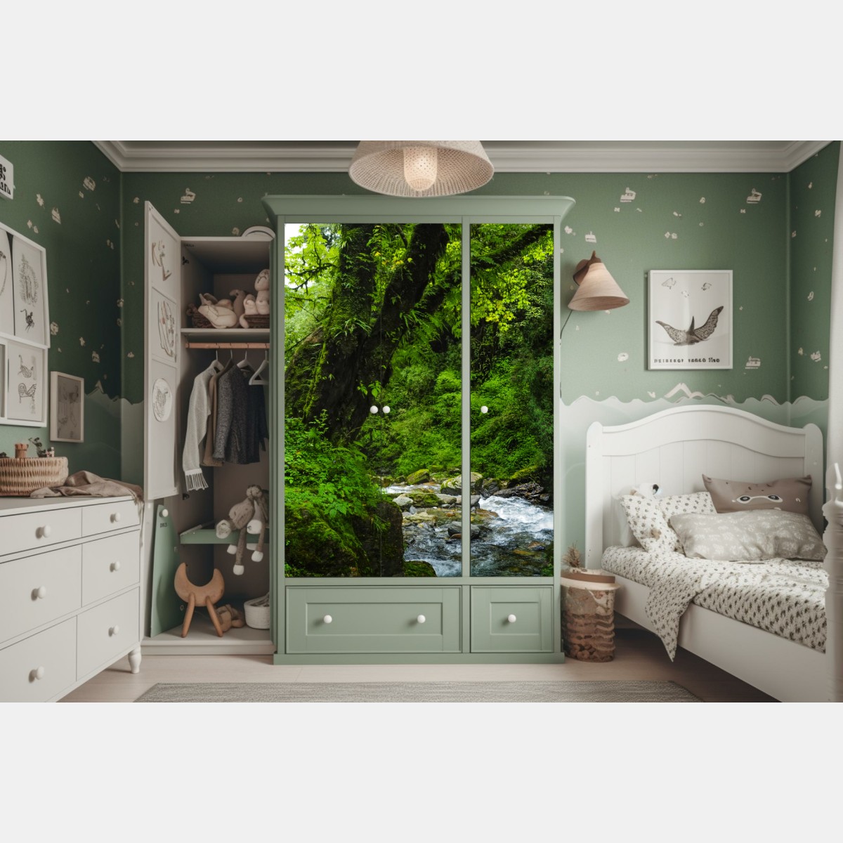 Schrankaufkleber üppiger grüner wasserfall im wald – Wallnifity® Schrankaufkleber üppiger grüner wasserfall im wald – Wallnifity®