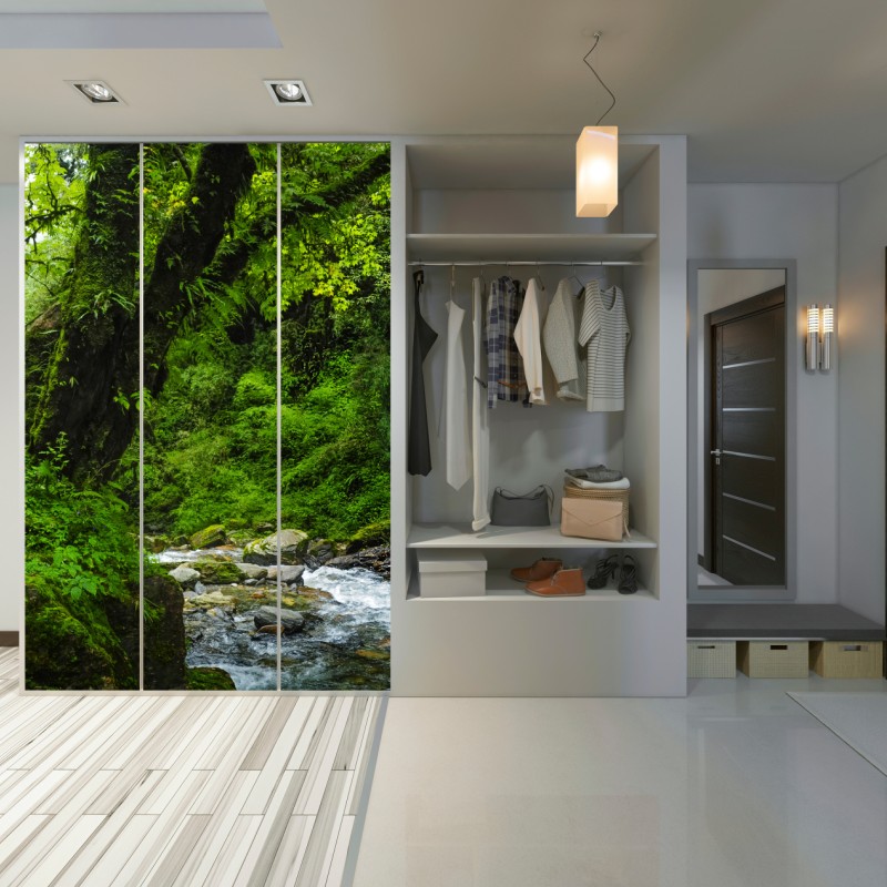 Schrankaufkleber üppiger grüner wasserfall im wald – Wallnifity® Schrankaufkleber üppiger grüner wasserfall im wald – Wallnifity®