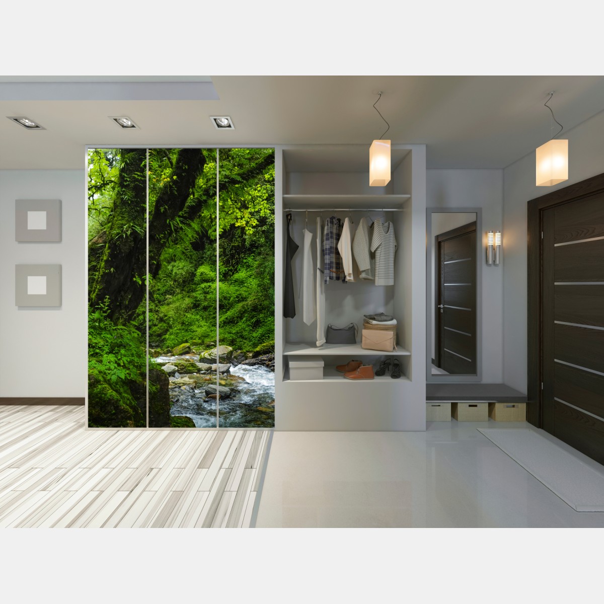 Schrankaufkleber üppiger grüner wasserfall im wald – Wallnifity® Schrankaufkleber üppiger grüner wasserfall im wald – Wallnifity®