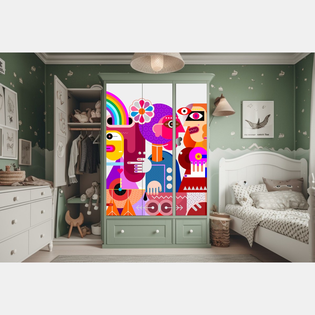 Schrankaufkleber mann mit regenbogen reitet geometrischen vogel – Wallnifity® Schrankaufkleber mann mit regenbogen reitet geometrischen vogel – Wallnifity®