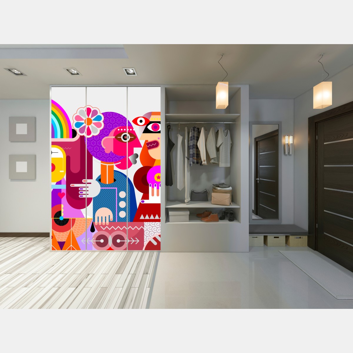 Schrankaufkleber mann mit regenbogen reitet geometrischen vogel – Wallnifity® Schrankaufkleber mann mit regenbogen reitet geometrischen vogel – Wallnifity®