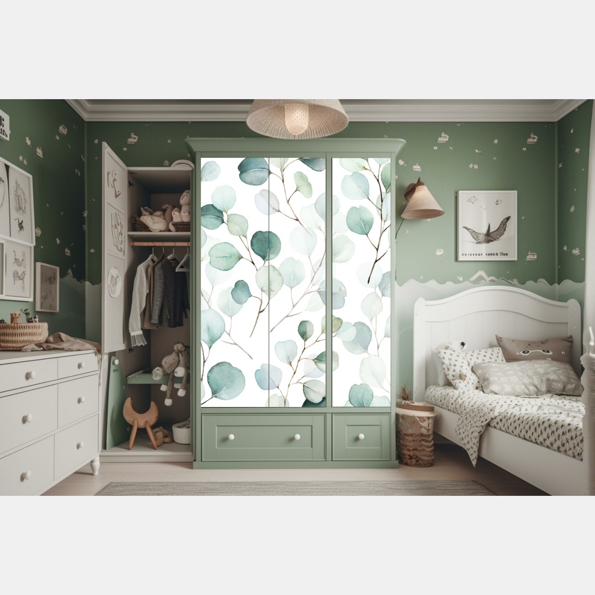 Schrankaufkleber zarter eukalyptus-aquarell blättermuster – Wallnifity® Schrankaufkleber zarter eukalyptus-aquarell blättermuster – Wallnifity®