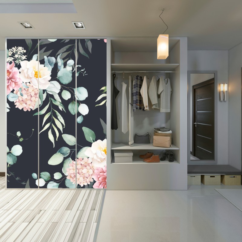 Schrankaufkleber elegantes aquarell-blumenmuster auf dunklem hintergrund – Wallnifity® Schrankaufkleber elegantes aquarell-blumenmuster auf dunklem hintergrund – Wallnifity®