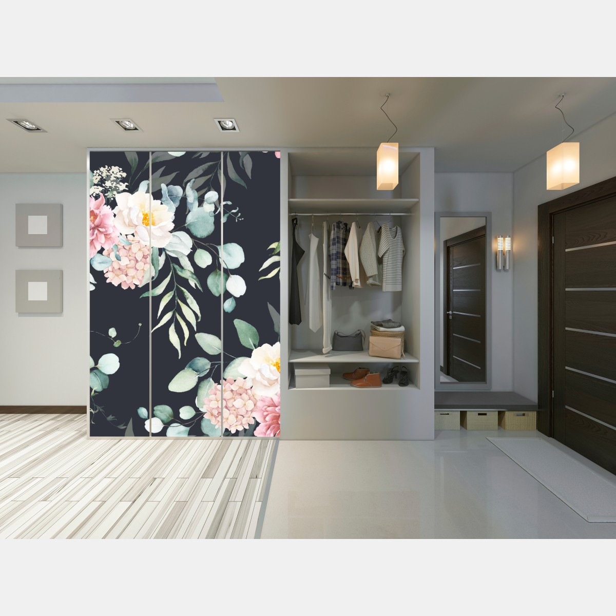 Schrankaufkleber elegantes aquarell-blumenmuster auf dunklem hintergrund – Wallnifity® Schrankaufkleber elegantes aquarell-blumenmuster auf dunklem hintergrund – Wallnifity®