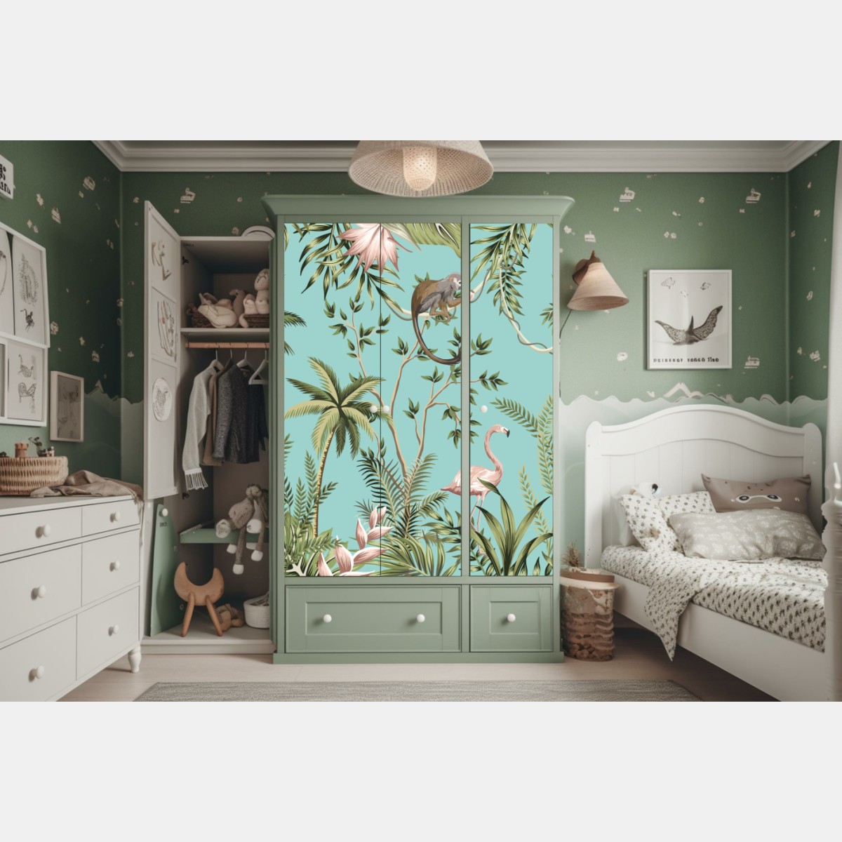 Schrankaufkleber tropische dschungelszene mit elefant und flamingo – Wallnifity® Schrankaufkleber tropische dschungelszene mit elefant und flamingo – Wallnifity®