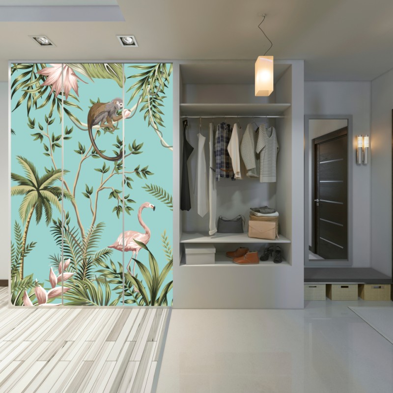 Schrankaufkleber tropische dschungelszene mit elefant und flamingo – Wallnifity® Schrankaufkleber tropische dschungelszene mit elefant und flamingo – Wallnifity®