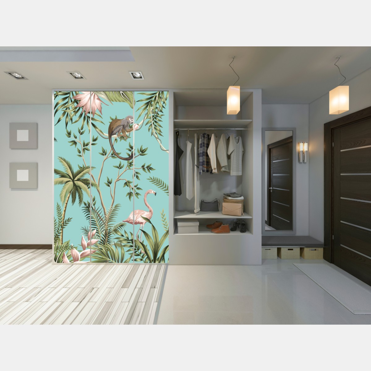 Schrankaufkleber tropische dschungelszene mit elefant und flamingo – Wallnifity® Schrankaufkleber tropische dschungelszene mit elefant und flamingo – Wallnifity®