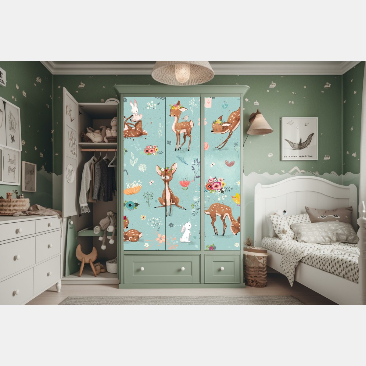 Schrankaufkleber pastellmuster mit rehkitzen und hasen – Wallnifity® Schrankaufkleber pastellmuster mit rehkitzen und hasen – Wallnifity®