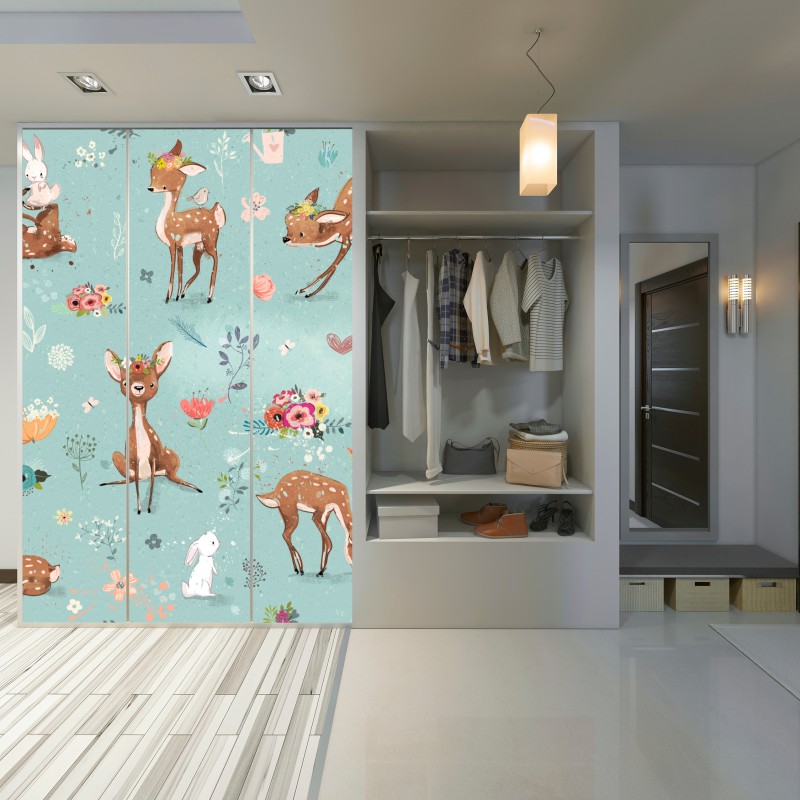 Schrankaufkleber pastellmuster mit rehkitzen und hasen – Wallnifity® Schrankaufkleber pastellmuster mit rehkitzen und hasen – Wallnifity®