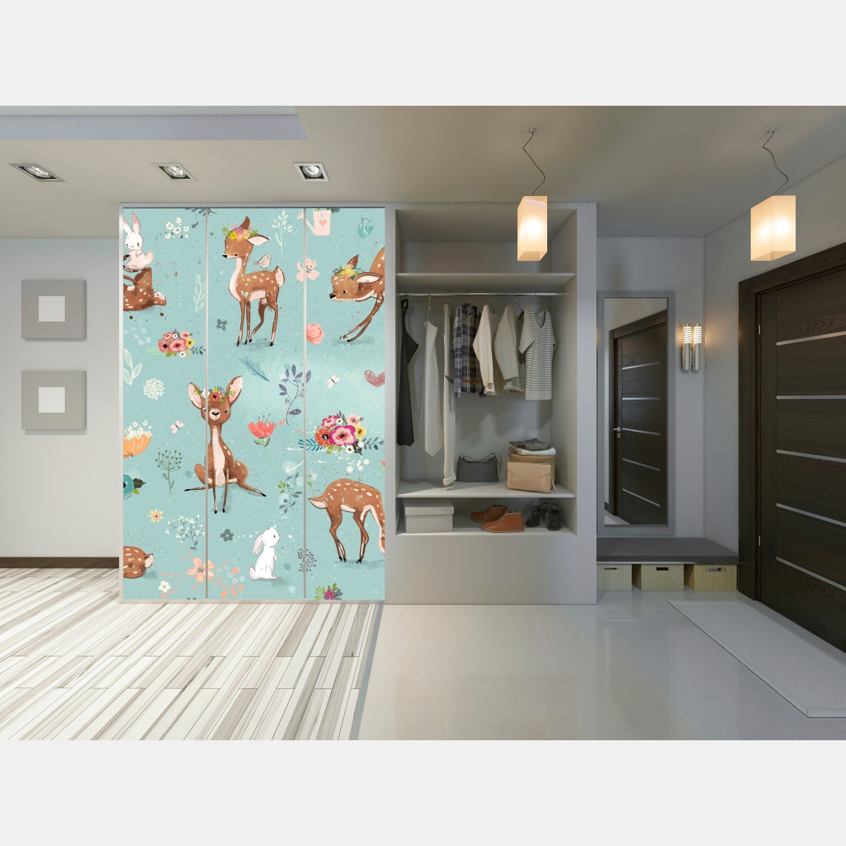 Schrankaufkleber pastellmuster mit rehkitzen und hasen – Wallnifity® Schrankaufkleber pastellmuster mit rehkitzen und hasen – Wallnifity®