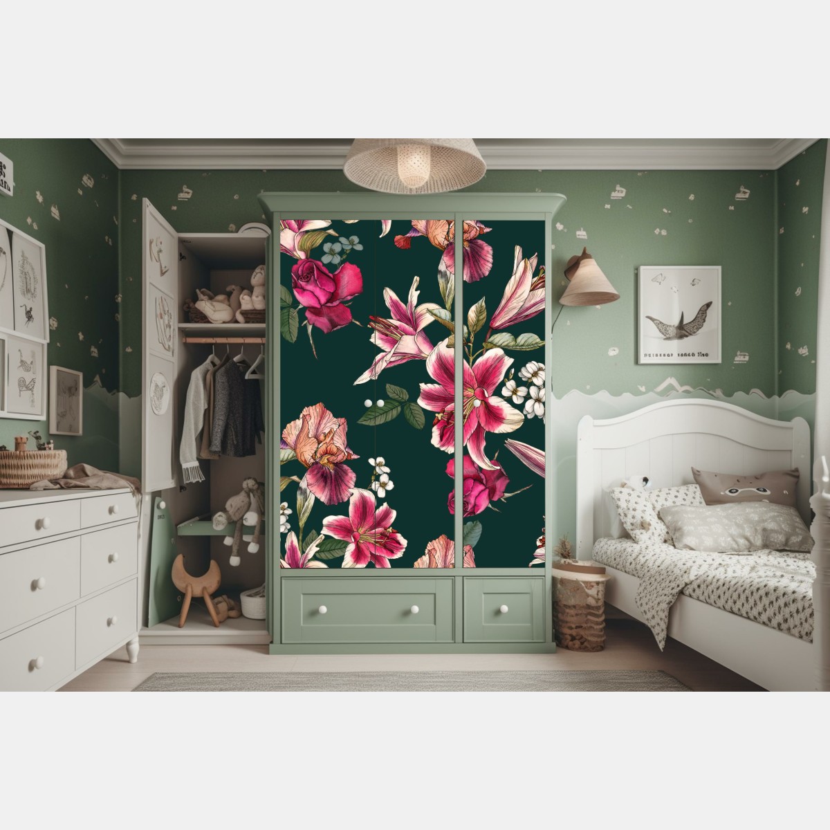 Schrankaufkleber vintage botanisches floralmuster auf tiefgrün – Wallnifity®