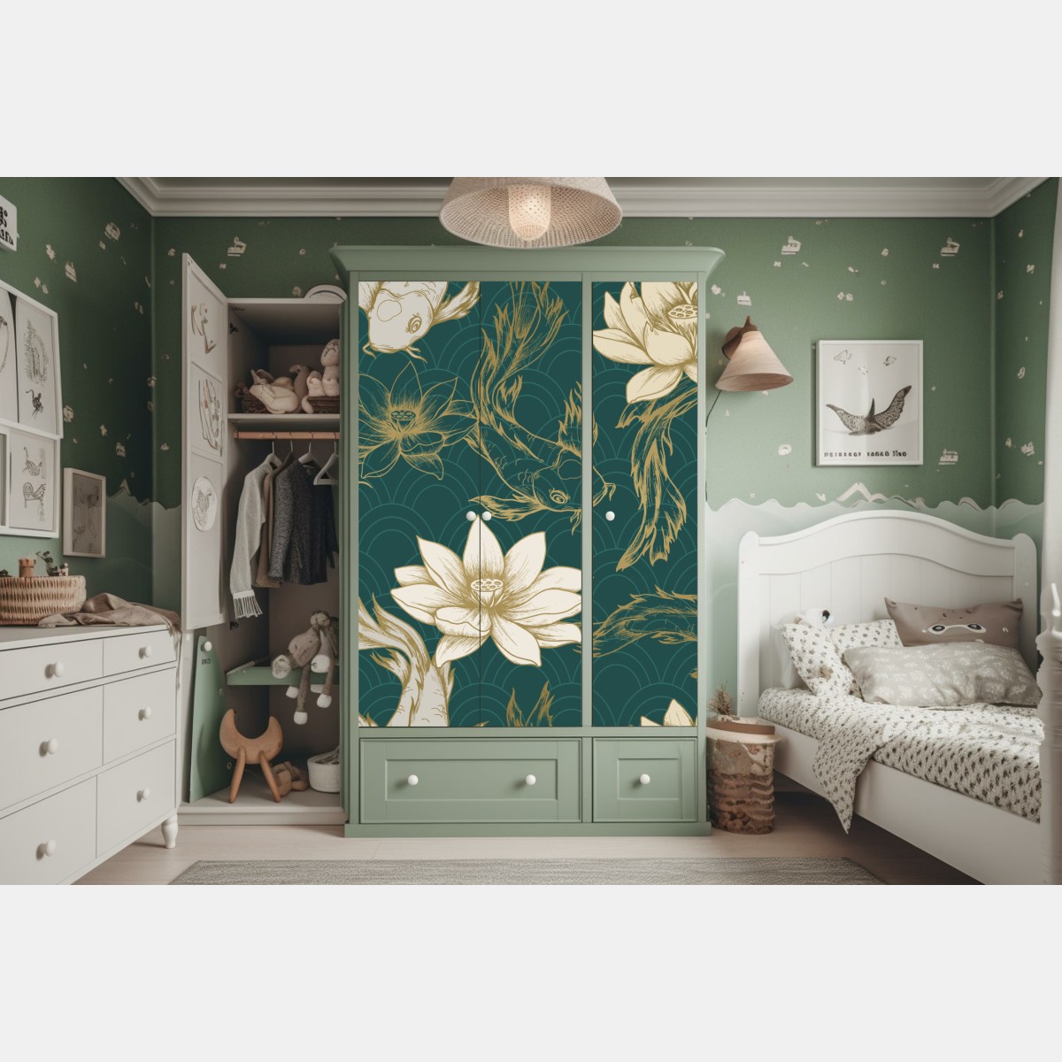 Schrankaufkleber orientalisches koi- und lotosmuster in türkis und gold – Wallnifity® Schrankaufkleber orientalisches koi- und lotosmuster in türkis und gold – Wallnifity®