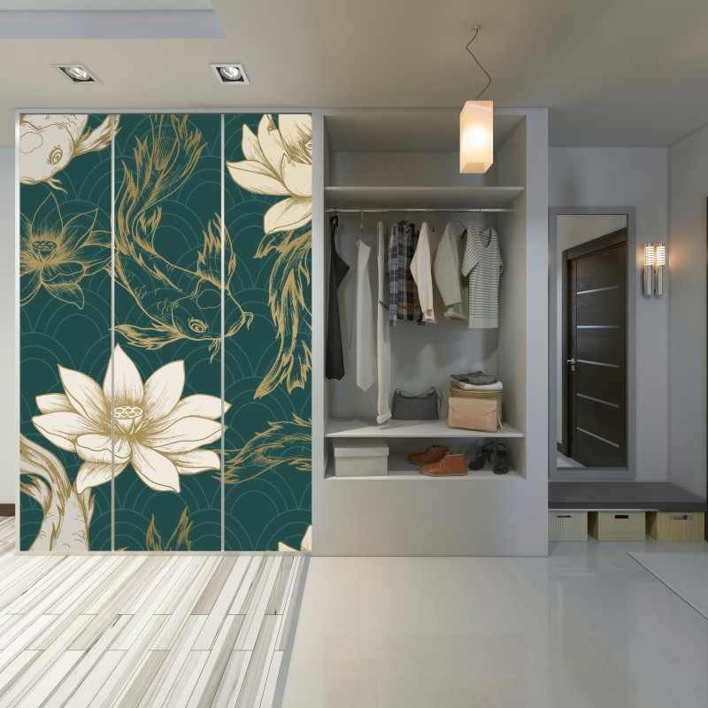 Schrankaufkleber orientalisches koi- und lotosmuster in türkis und gold – Wallnifity® Schrankaufkleber orientalisches koi- und lotosmuster in türkis und gold – Wallnifity®