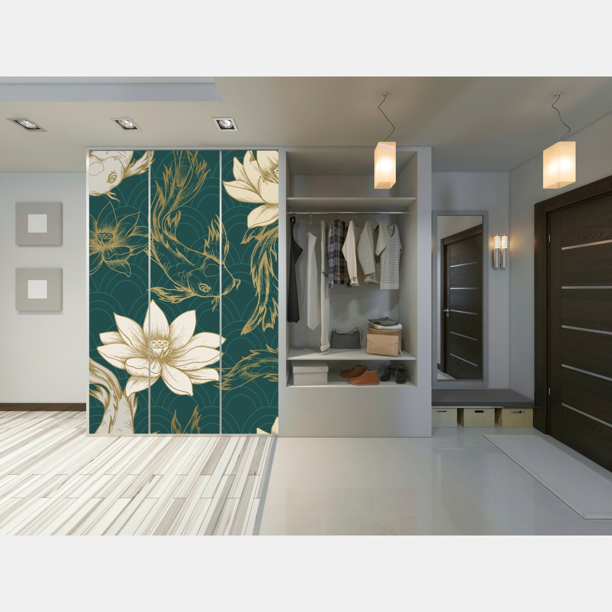 Schrankaufkleber orientalisches koi- und lotosmuster in türkis und gold – Wallnifity® Schrankaufkleber orientalisches koi- und lotosmuster in türkis und gold – Wallnifity®