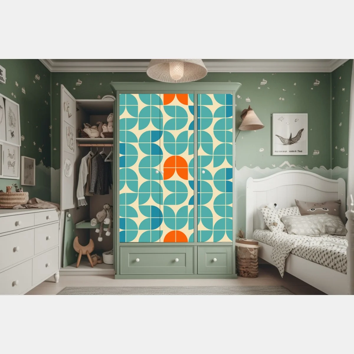 Schrankaufkleber retro geometrisches fliesenmuster in türkis und orange – Wallnifity® Schrankaufkleber retro geometrisches fliesenmuster in türkis und orange – Wallnifity®