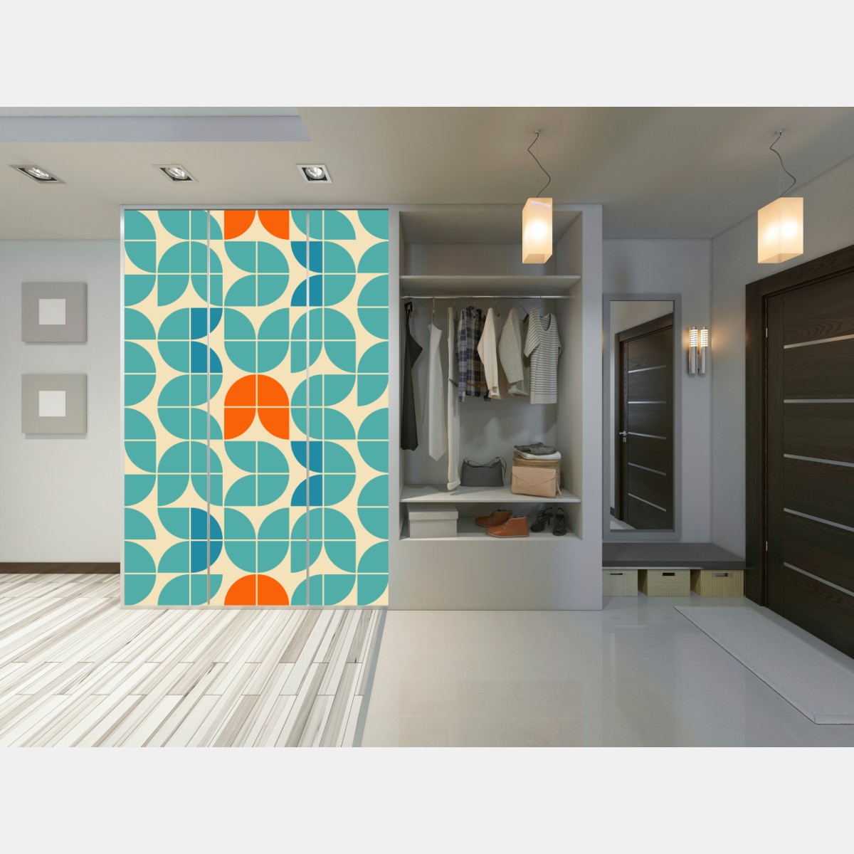 Schrankaufkleber retro geometrisches fliesenmuster in türkis und orange – Wallnifity® Schrankaufkleber retro geometrisches fliesenmuster in türkis und orange – Wallnifity®
