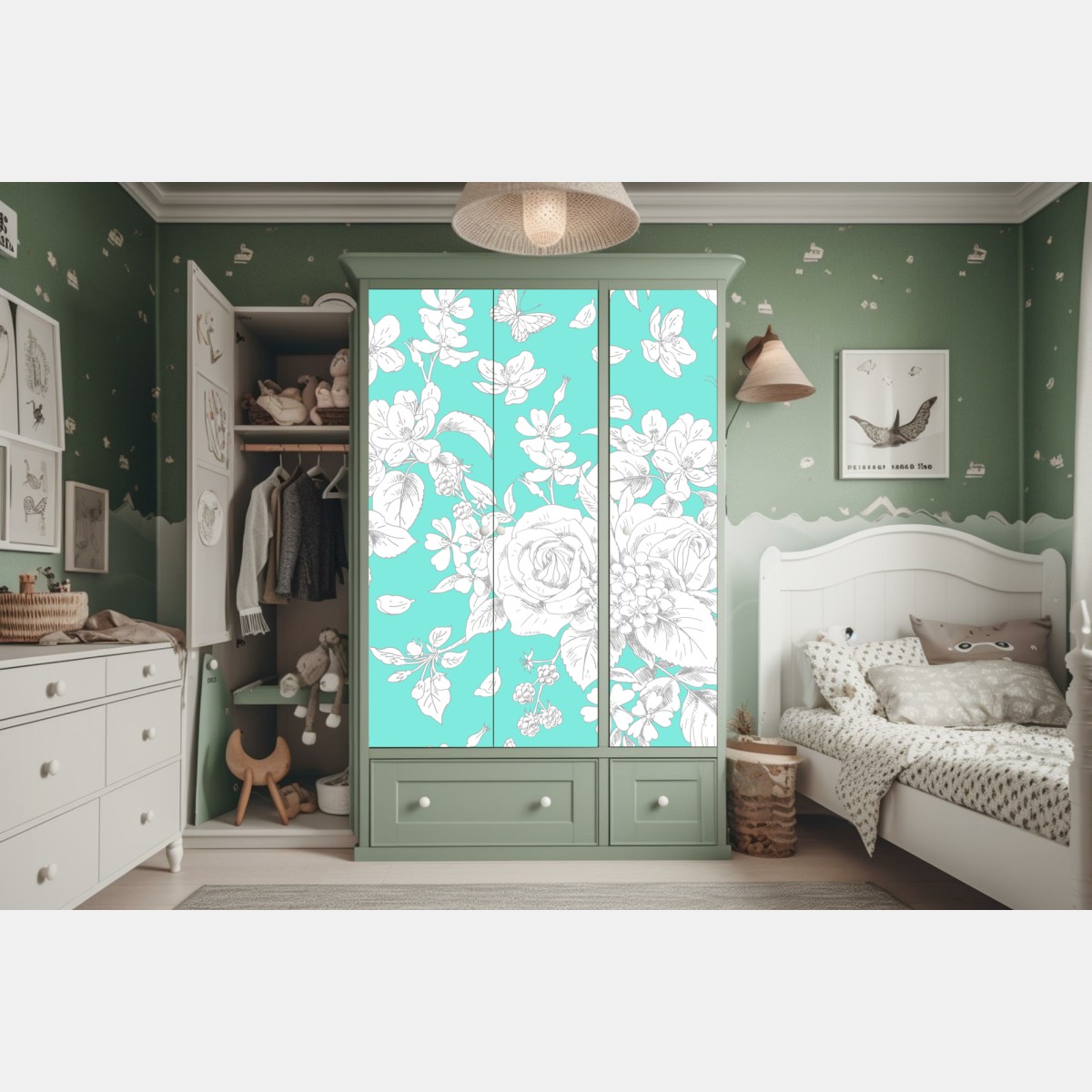 Schrankaufkleber türkis floral muster mit blumen – Wallnifity® Schrankaufkleber türkis floral muster mit blumen – Wallnifity®