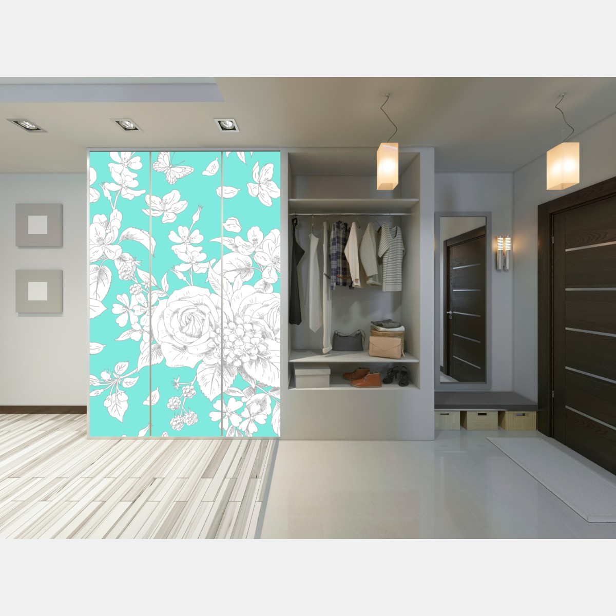 Schrankaufkleber türkis floral muster mit blumen – Wallnifity® Schrankaufkleber türkis floral muster mit blumen – Wallnifity®