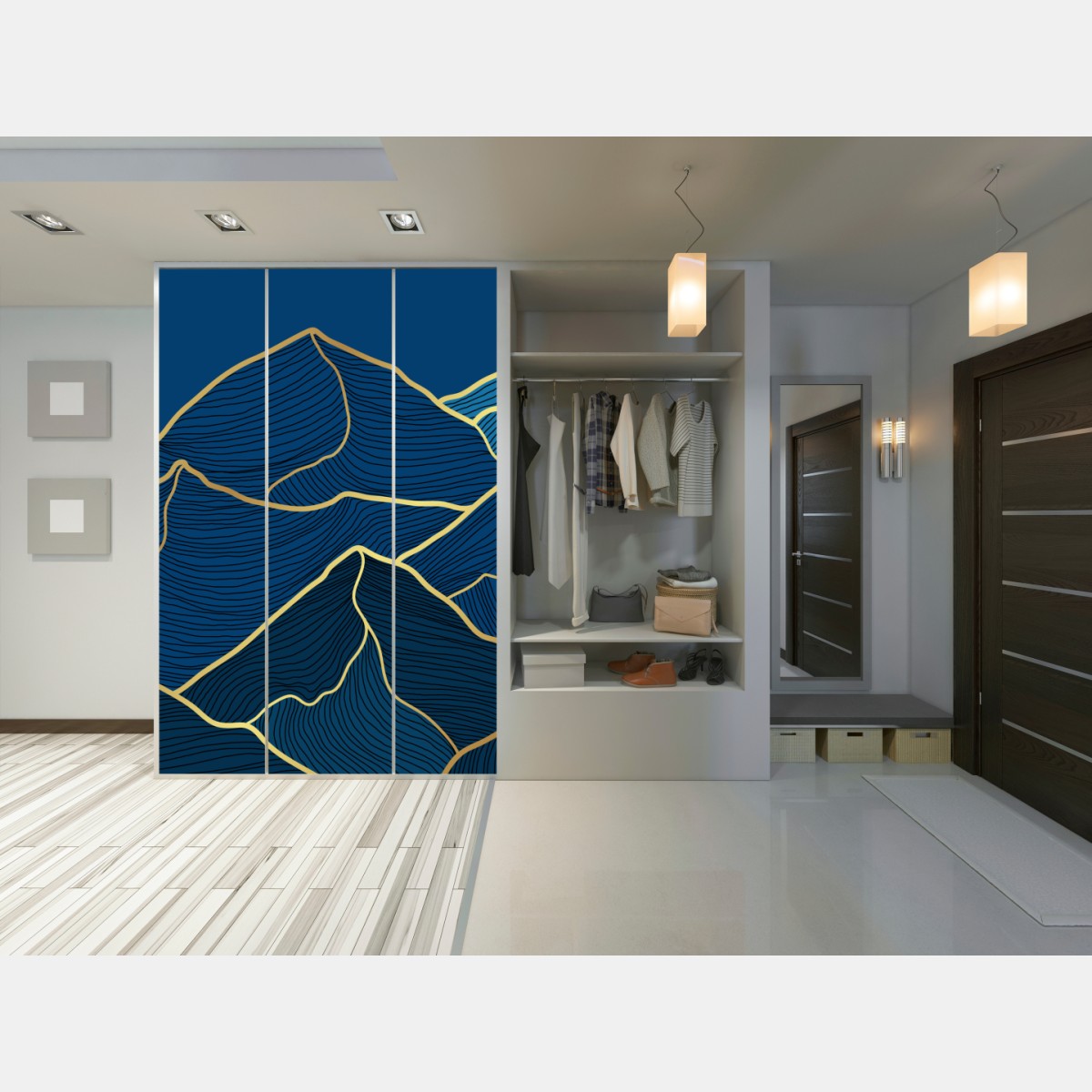 Schrankaufkleber goldene linien berglandschaft auf dunkelblauem hintergrund – Wallnifity® Schrankaufkleber goldene linien berglandschaft auf dunkelblauem hintergrund – Wallnifity®