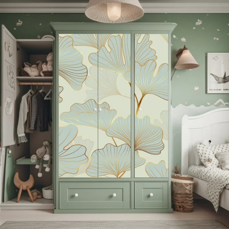 Schrankaufkleber pastell ginkgo blättermuster mit goldakzenten – Wallnifity® Schrankaufkleber pastell ginkgo blättermuster mit goldakzenten – Wallnifity®