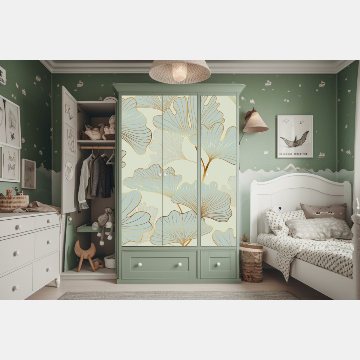 Schrankaufkleber pastell ginkgo blättermuster mit goldakzenten – Wallnifity® Schrankaufkleber pastell ginkgo blättermuster mit goldakzenten – Wallnifity®