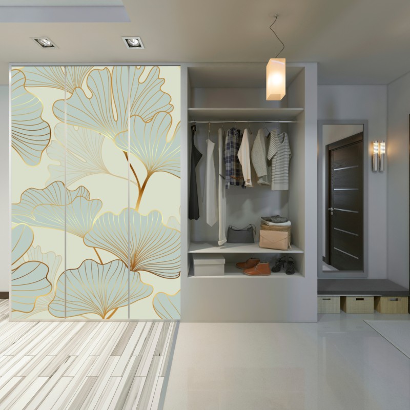 Schrankaufkleber pastell ginkgo blättermuster mit goldakzenten – Wallnifity® Schrankaufkleber pastell ginkgo blättermuster mit goldakzenten – Wallnifity®