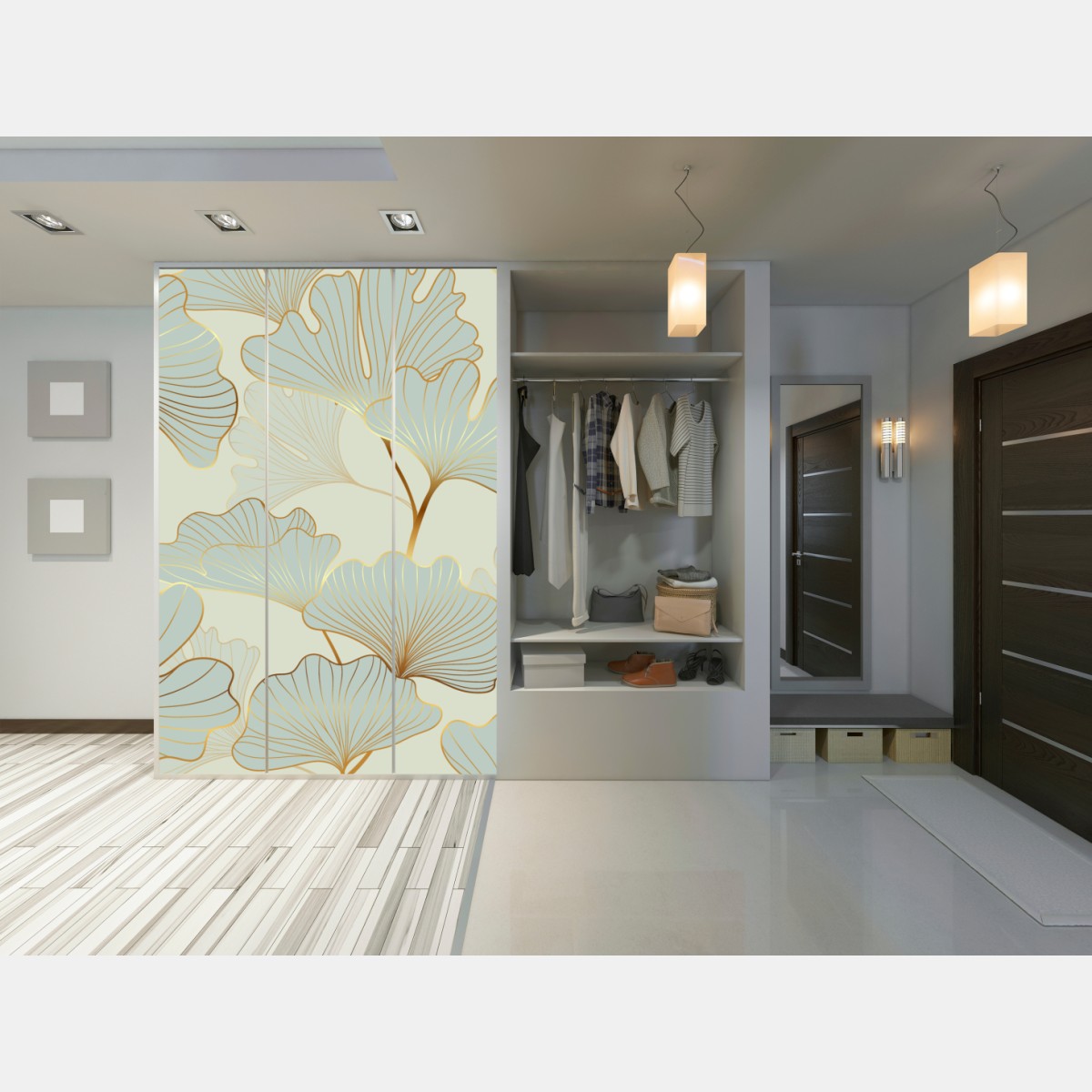 Schrankaufkleber pastell ginkgo blättermuster mit goldakzenten – Wallnifity® Schrankaufkleber pastell ginkgo blättermuster mit goldakzenten – Wallnifity®