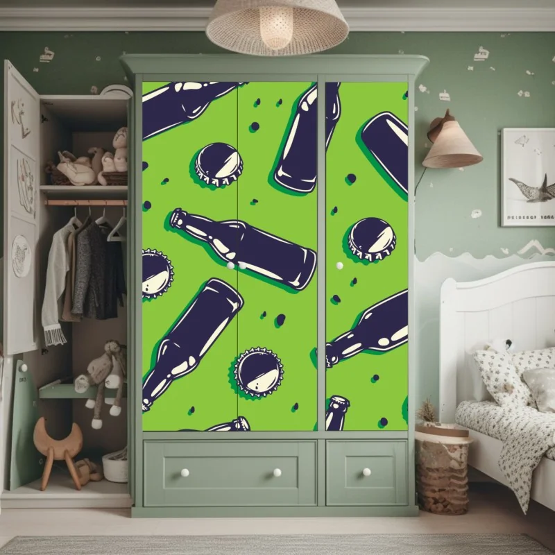 Schrankaufkleber grünes pop-art-muster mit bierflaschen und kronkorken – Wallnifity® Schrankaufkleber grünes pop-art-muster mit bierflaschen und kronkorken – Wallnifity®
