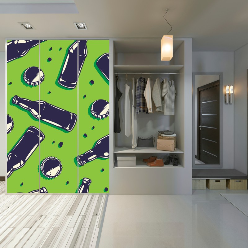 Schrankaufkleber grünes pop-art-muster mit bierflaschen und kronkorken – Wallnifity® Schrankaufkleber grünes pop-art-muster mit bierflaschen und kronkorken – Wallnifity®