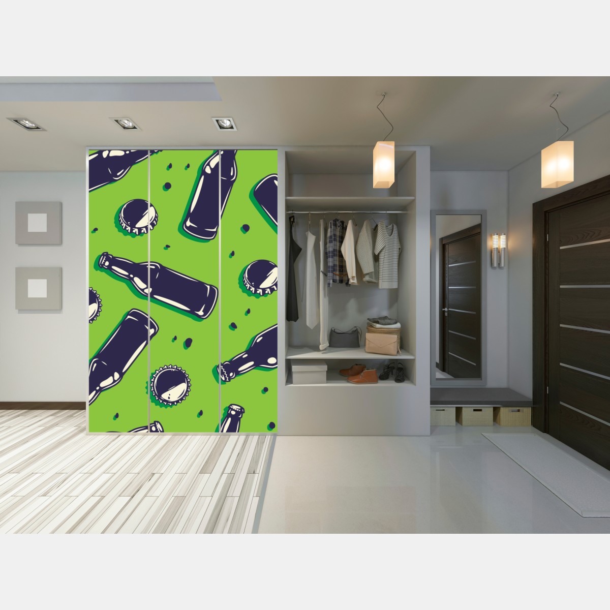 Schrankaufkleber grünes pop-art-muster mit bierflaschen und kronkorken – Wallnifity® Schrankaufkleber grünes pop-art-muster mit bierflaschen und kronkorken – Wallnifity®