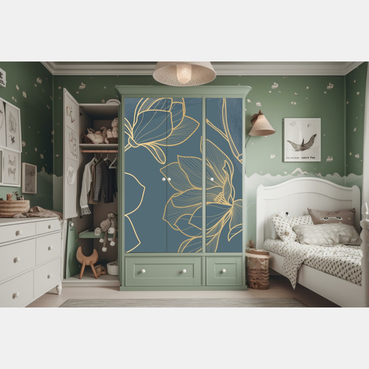 Schrankaufkleber goldene magnolie auf türkisfarbenem hintergrund – Wallnifity® Schrankaufkleber goldene magnolie auf türkisfarbenem hintergrund – Wallnifity®