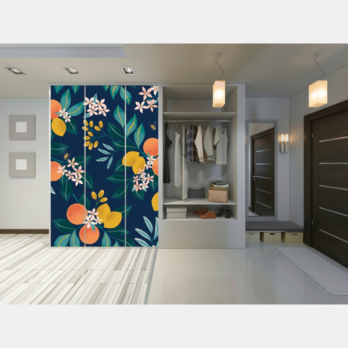 Schrankaufkleber botanisches zitronen- und orangenmuster auf marineblauem hintergrund – Wallnifity® Schrankaufkleber botanisches zitronen- und orangenmuster auf marineblauem hintergrund – Wallnifity®
