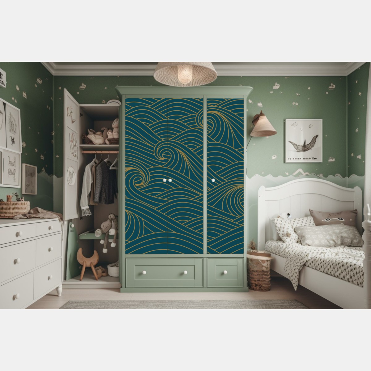 Schrankaufkleber türkiswellenmuster mit goldlinien – Wallnifity® Schrankaufkleber türkiswellenmuster mit goldlinien – Wallnifity®