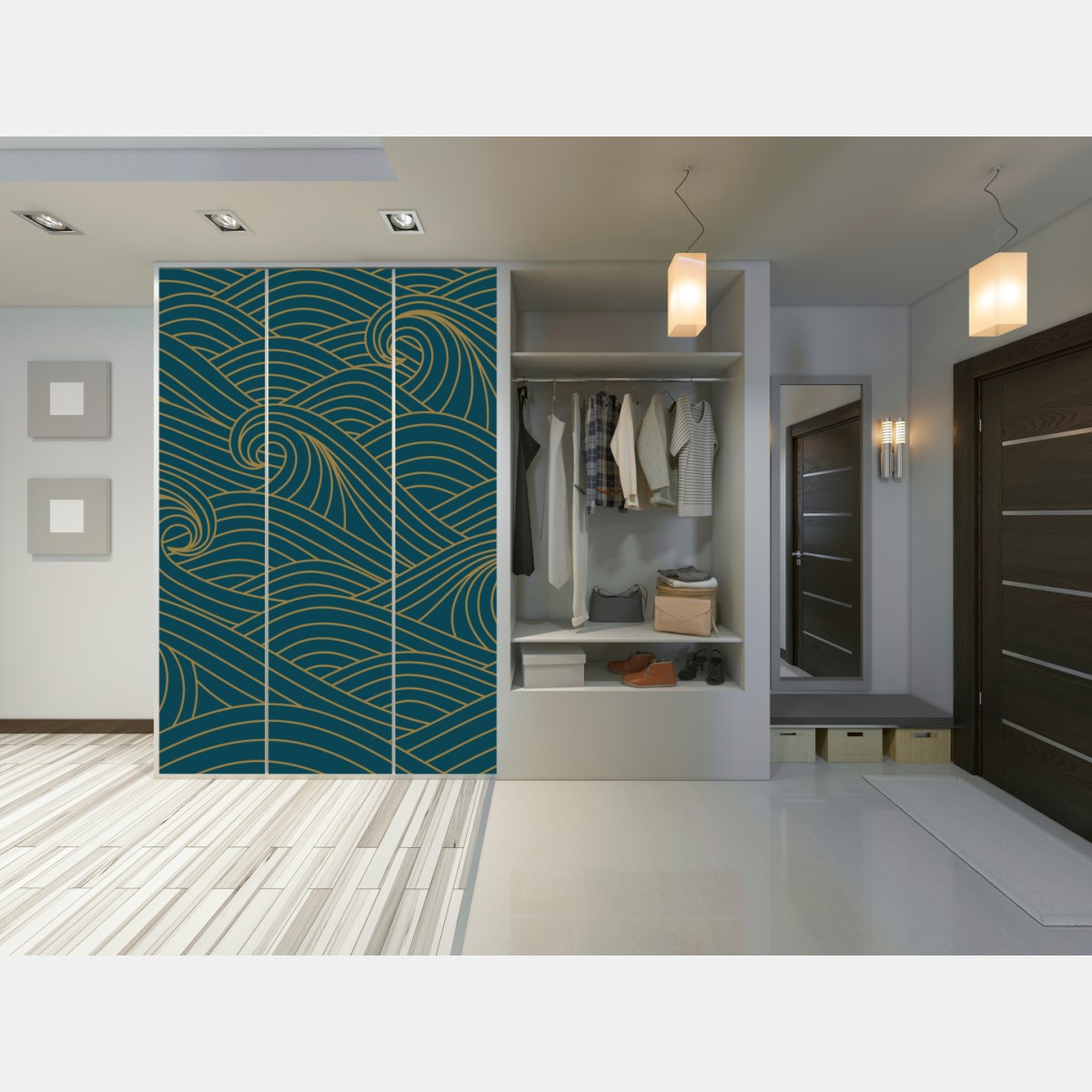 Schrankaufkleber türkiswellenmuster mit goldlinien – Wallnifity® Schrankaufkleber türkiswellenmuster mit goldlinien – Wallnifity®