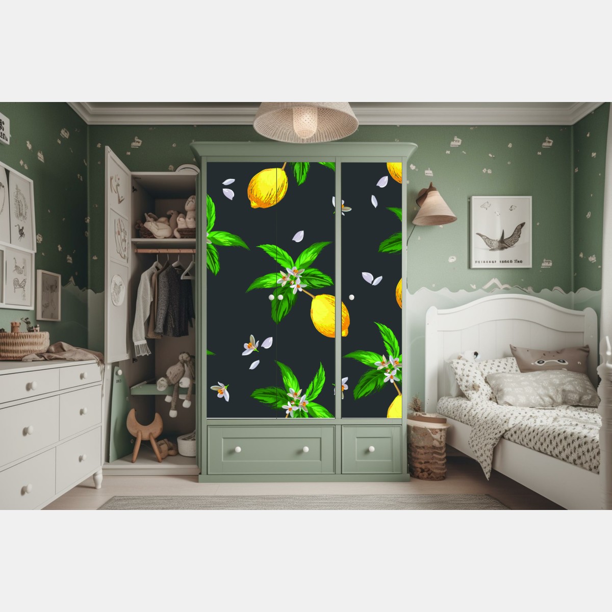 Schrankaufkleber leuchtendes zitronenmuster mit grünen blättern – Wallnifity® Schrankaufkleber leuchtendes zitronenmuster mit grünen blättern – Wallnifity®