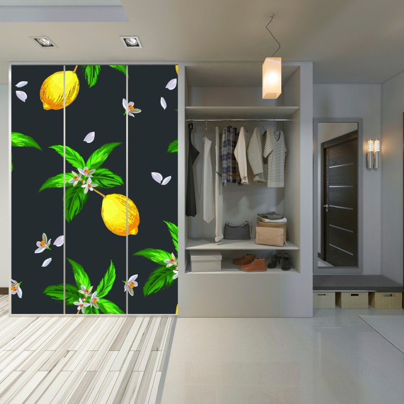 Schrankaufkleber leuchtendes zitronenmuster mit grünen blättern – Wallnifity® Schrankaufkleber leuchtendes zitronenmuster mit grünen blättern – Wallnifity®