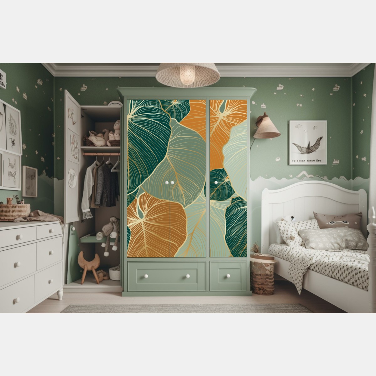 Schrankaufkleber türkis-goldenes botanisches blättermuster – Wallnifity® Schrankaufkleber türkis-goldenes botanisches blättermuster – Wallnifity®