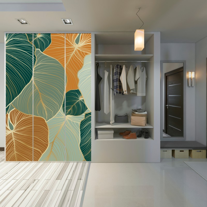 Schrankaufkleber türkis-goldenes botanisches blättermuster – Wallnifity® Schrankaufkleber türkis-goldenes botanisches blättermuster – Wallnifity®