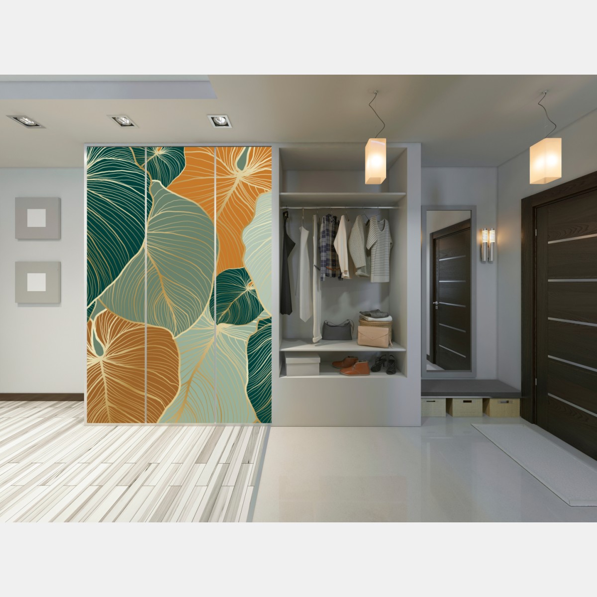 Schrankaufkleber türkis-goldenes botanisches blättermuster – Wallnifity® Schrankaufkleber türkis-goldenes botanisches blättermuster – Wallnifity®