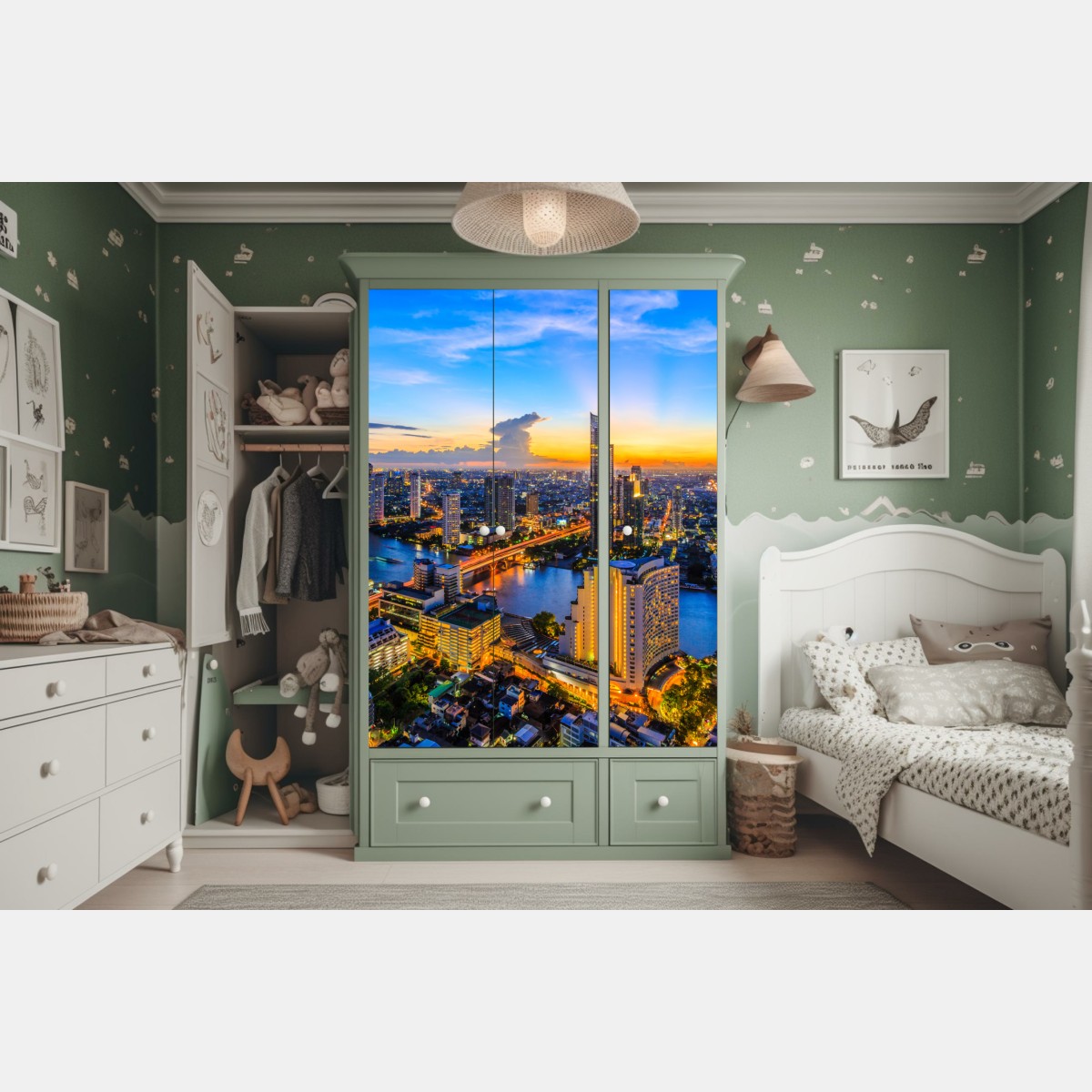 Schrankaufkleber lebendige stadtskyline bei dämmerung – Wallnifity® Schrankaufkleber lebendige stadtskyline bei dämmerung – Wallnifity®