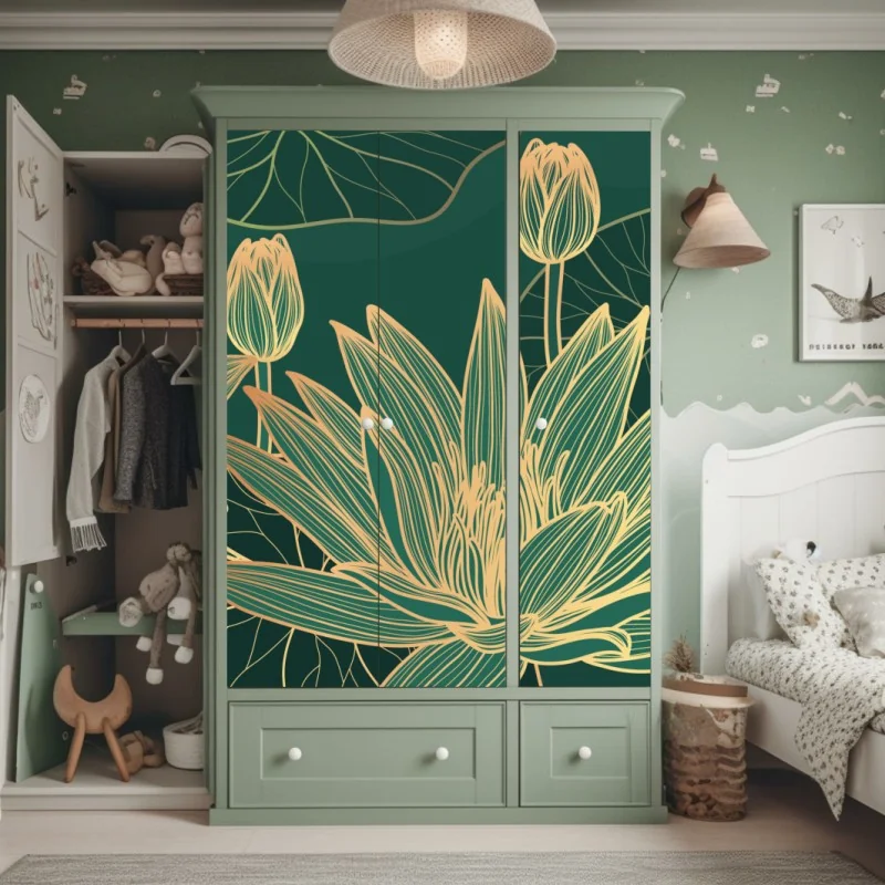 Schrankaufkleber goldene lotosblüten auf grünem hintergrund – Wallnifity® Schrankaufkleber goldene lotosblüten auf grünem hintergrund – Wallnifity®