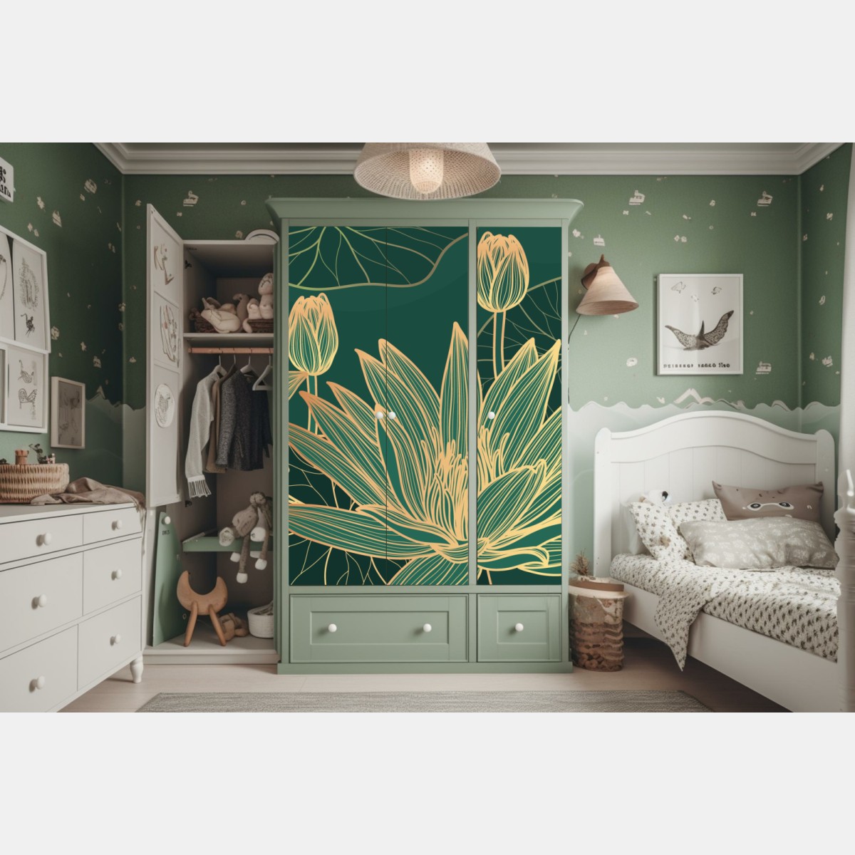 Schrankaufkleber goldene lotosblüten auf grünem hintergrund – Wallnifity® Schrankaufkleber goldene lotosblüten auf grünem hintergrund – Wallnifity®